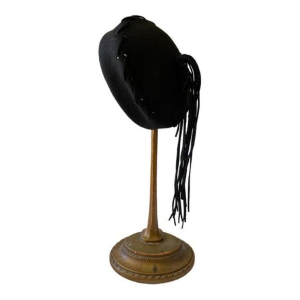 Vintage Black Felt Cap with Long Felt Ribbons Strands - Picture 9 of 10